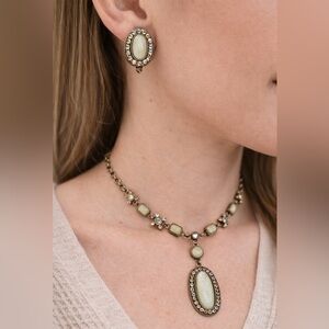 Avon Opalescent Cabochon Necklace AB Rhinestones Clip On Earrings